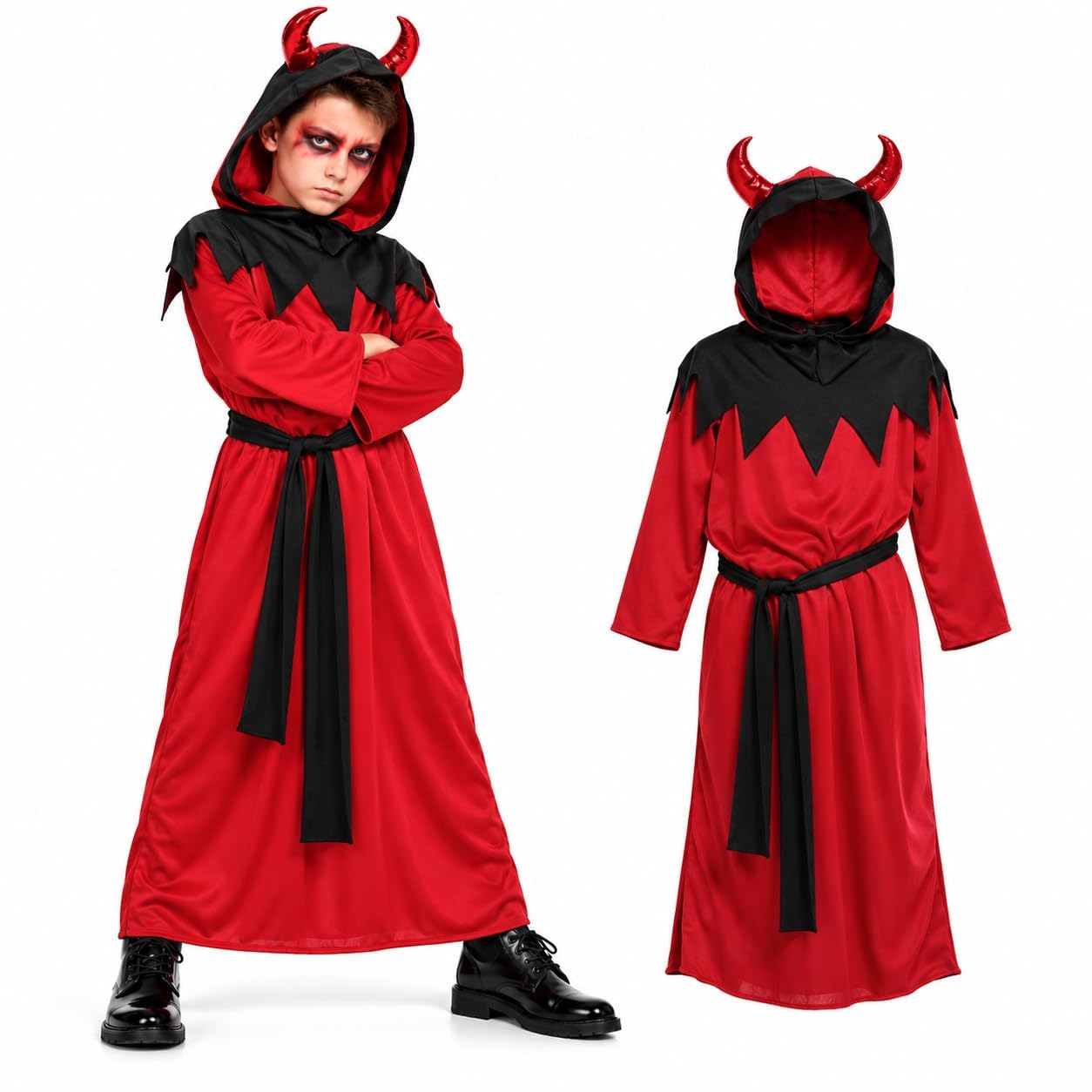 Devil Boys Costume Red Suit with Tailcoat, Pants, and Horns Halloween Costume for Kids