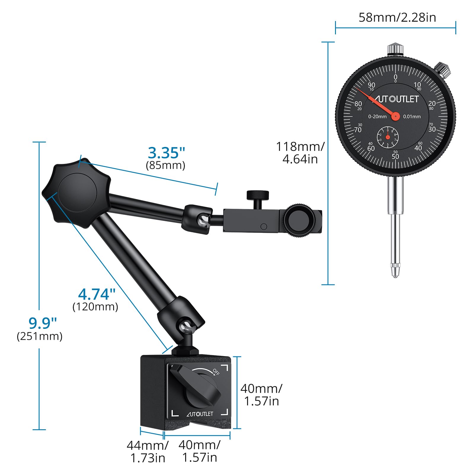 AUTOUTLET Comparador de Cuadrante Calibre con Indicador de Cuadrante de 0-20 mm con Base Magnética de 132 lb/60 kg