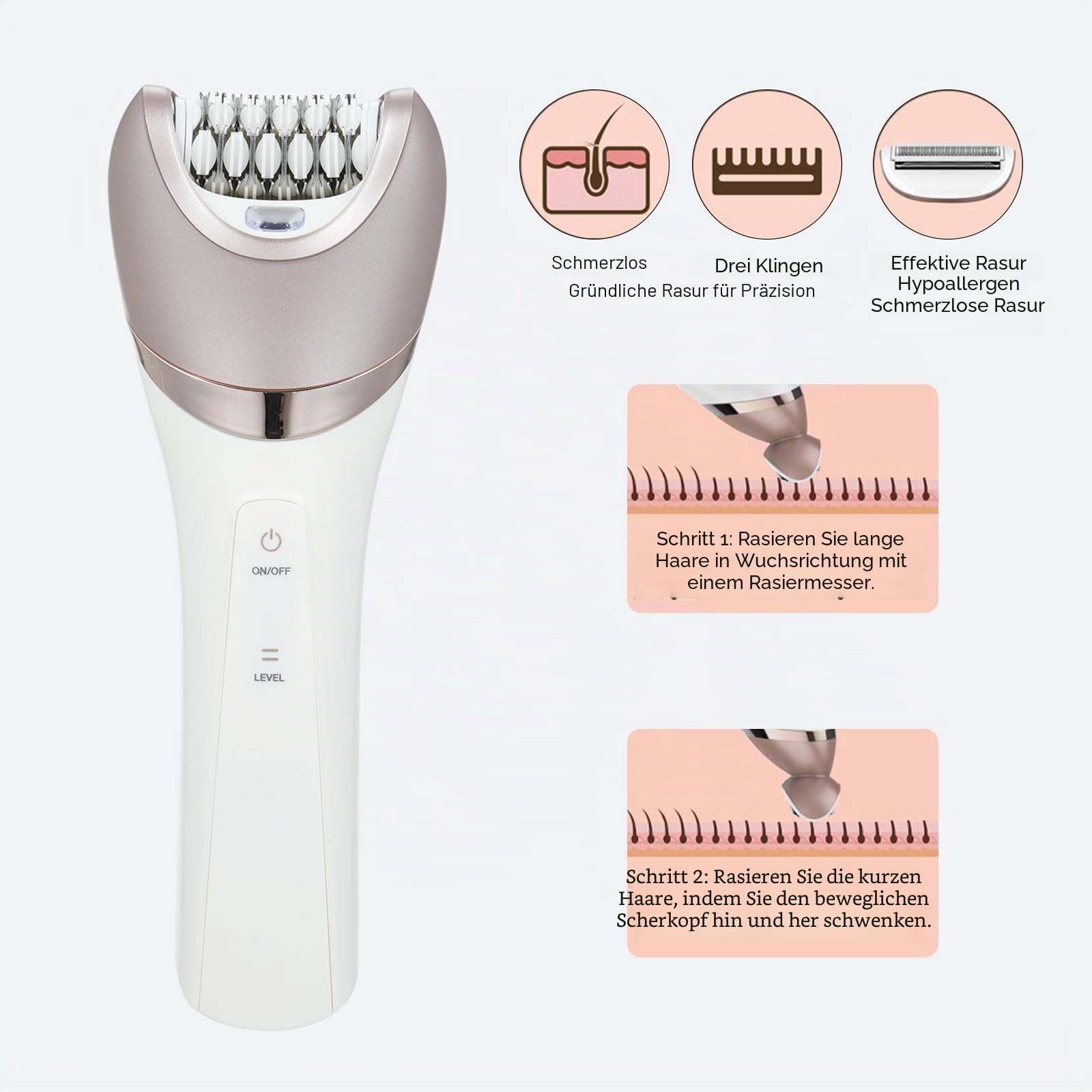 6 IN 1 Epilierer Damen Elektrischer, Layhou Kabelloser Epilierer für Damen Intimbereich, Nass- und Trocken-Gesichtsepilierer mit Pediküre und Peelingbürste, Massagekopf, Wiederaufladbares (Weiß)