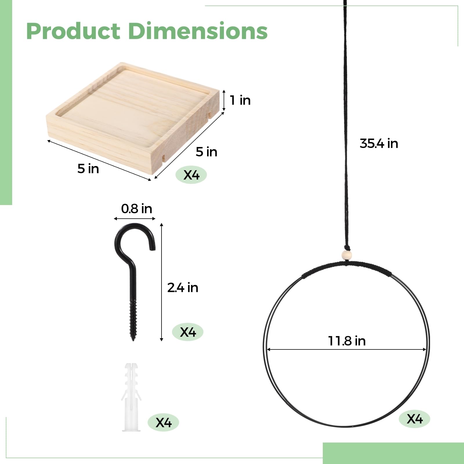 Lot de 4 suspensions en métal avec base en bois, support de plantes d'intérieur en macramé avec crochets pour chambre, balcon, jardin