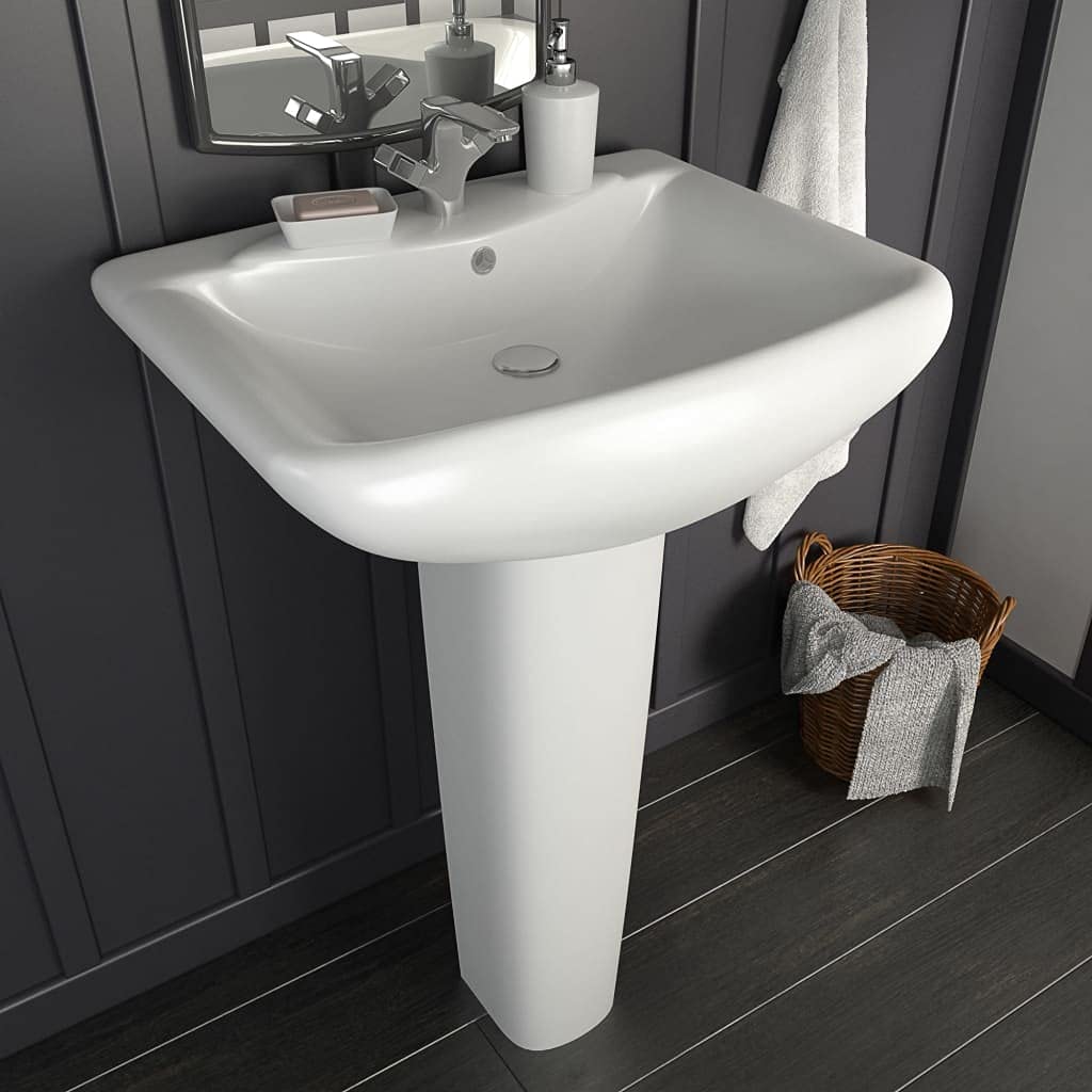Lavabo independiente Cerámica Blanco 580x470x200 mm | Con orificio para grifo de 35 mm, esmaltado, fácil de limpiar, para baño o aseo