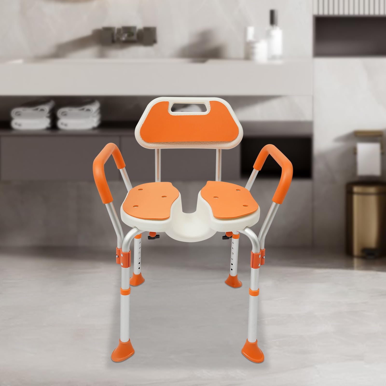 Silla de ducha con respaldo de 48 cm, soporte para ducha, reposabrazos y pies antideslizantes, máx. 125 kg, altura regulable 39-49 cm, taburete de ducha de aleación de aluminio y EVA, taburete de baño