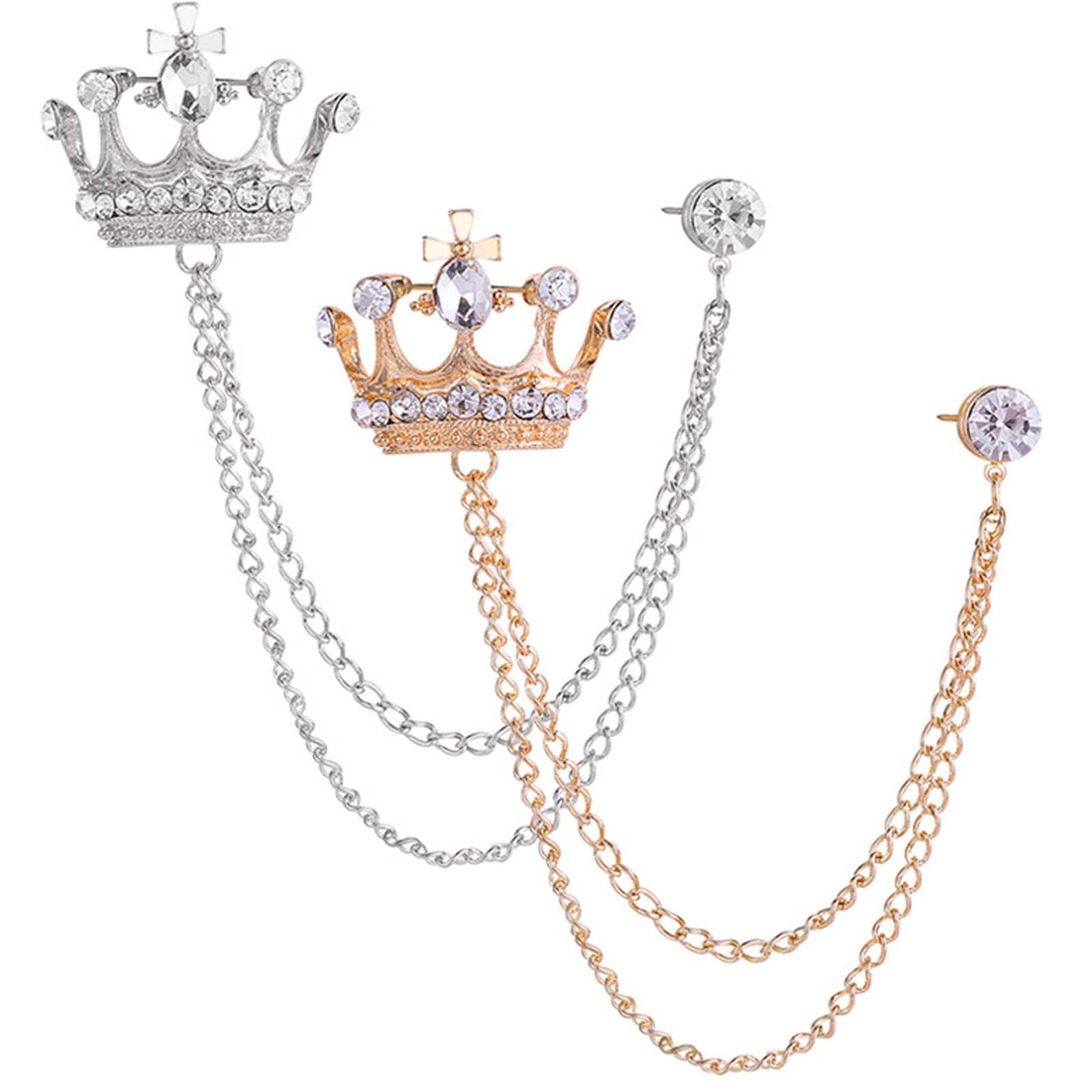 2 Pcs Brooch for Men, Crown Design Suit Accessories with Chains and Tassels, Elegant Lapel Pin for Formal Events and Corporate Gifting, Alloy Material (Gold + Silver)-image-32