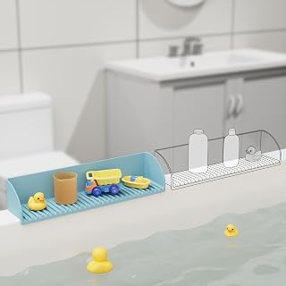 Roslim Bathtub Splash Guard for Tub - Silicone Water Splash Guard with 4 Suction Cups, Bath Toy Holder, Bathtub Play Shelf for Bathing, Bathtub Side Suction Tray, 1Pack, Blue