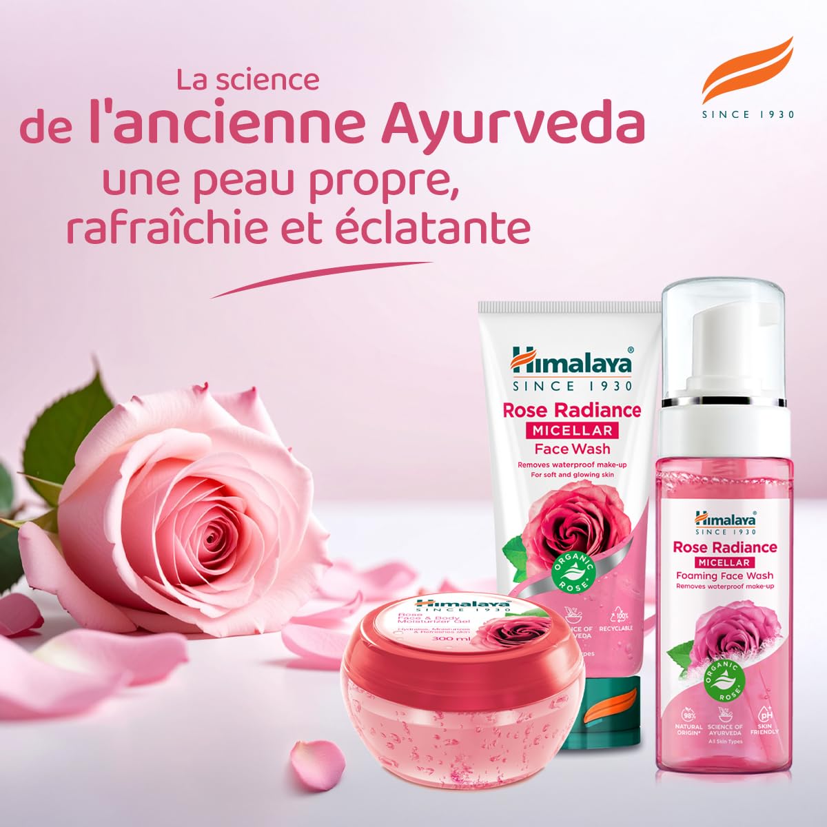Himalaya Rose Radiance Nettoyant moussant micellaire pour le visage, élimine le maquillage imperméable, 150 ml