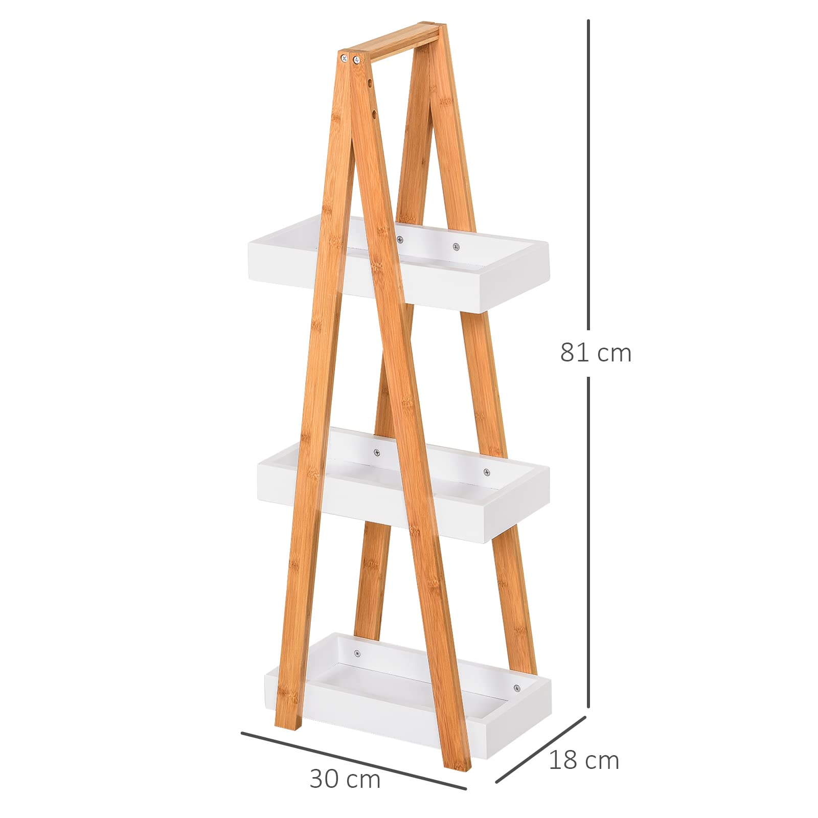 kleankin Estantería de Baño de Bambú Forma de A 30x18x81cm Natural y Blanco | 3 Estantes, Estantería de Almacenaje