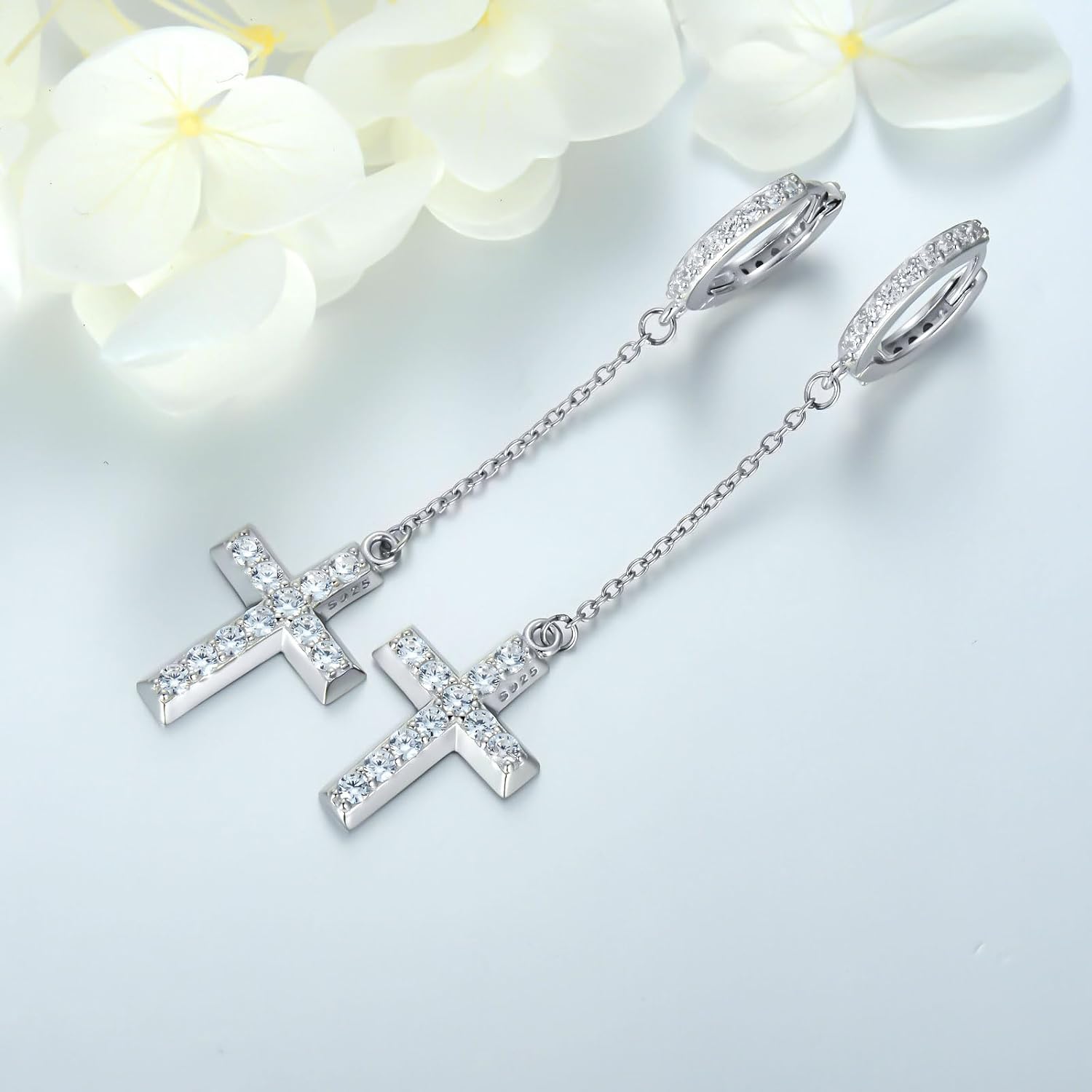 Cross Hoop Earrings 925 Sterling Silver Dangle Cubic Zirconia Huggie Dangle Earrings Chain Dropping Cross Earrings Drop Earrings for Women Men