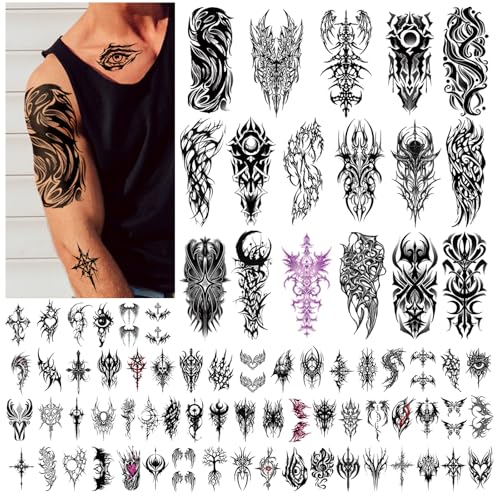 77 Tatouages Temporaires Cyborg Tribal pour Femmes Hommes, 17 Grands Crânes avec Papillons Bras Demi longueur, 60 Autocollants Vintage Noir Résistants à...