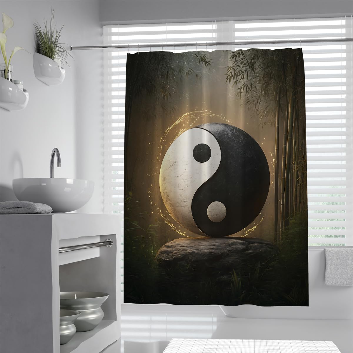 Yin Yang Duschvorhang Orientalische Philosophie Feng Shui Badevorhang mit Haken Bambuswald und Steinbadezimmer Kunstdekor Waschbar, schnell trocknend 180 x 200 cm