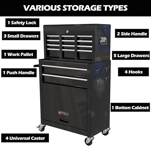 Miniatura 4 de Campfun Cofre de herramientas con ruedas y 8 cajones, caja de herramientas grande desmontable, gabinete de herramientas extraíble, gabinete de