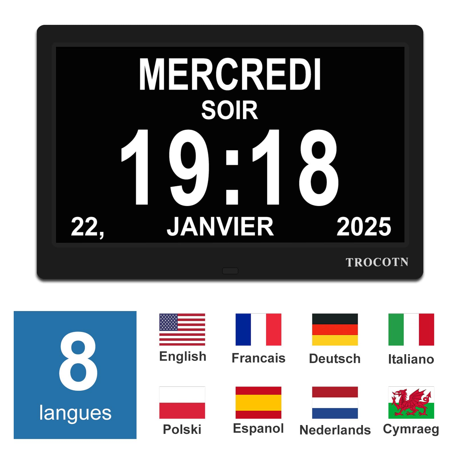 TROCOTN Horloge numérique Horloge de Jour Grand écran réveil Murale (Noir, 10 Pouces)