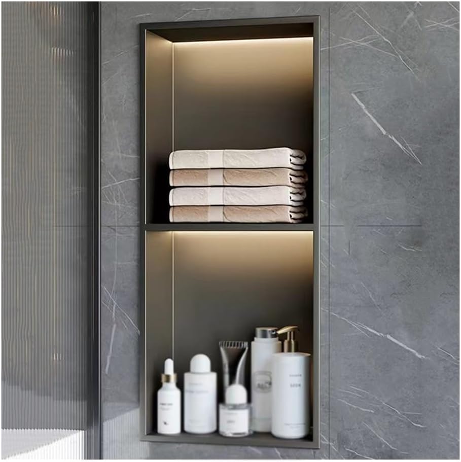 PRMTYUP Hornacina De Acero Inoxidable para Pared, Hornillo De Ducha Empotrado, Hornillo De Ducha De Pared con Luz Led, No Necesita Azulejos, Organizador Impermeable,Gris,70x28x12.5cm