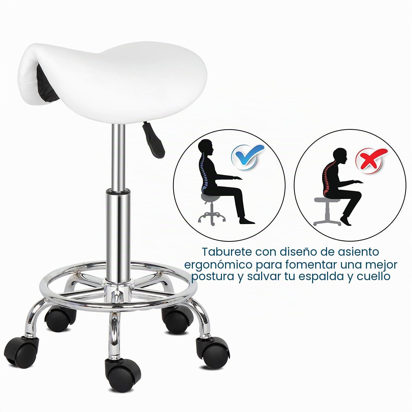 Bonnlo Ergonómico Taburete con Ruedas de Montar, Taburete Regulable Altura 51-65 cm, Taburete Giratorio con Ruedas 360° para Salones de Belleza, Spas y Oficinas Blanco (Blanco)