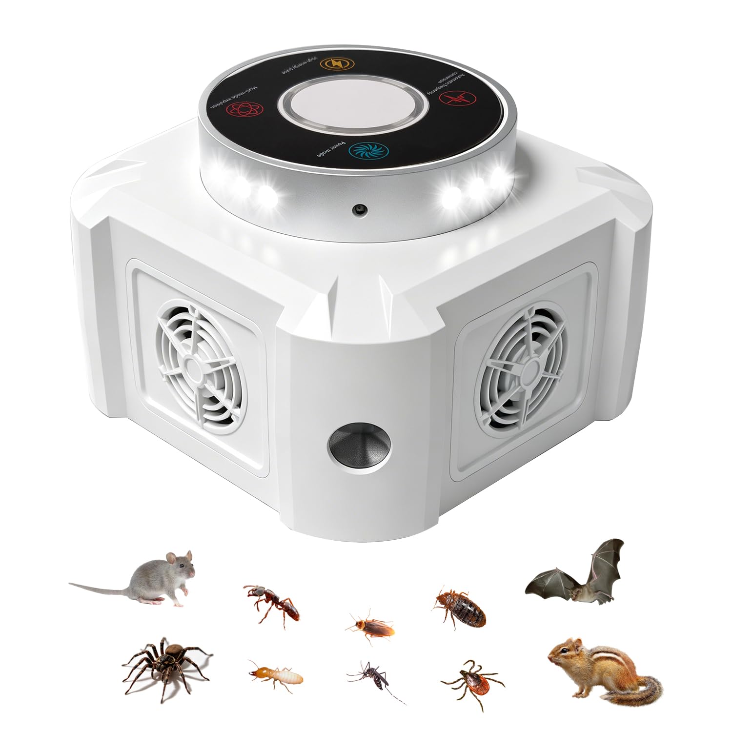360°Ultraschall Mäuseabwehr Gegen Ratten 4D Surround Mäuse Vertreiben mit 12 LED Light, Rechargeable 1800mAh Akku Portable Rattenabwehr Outdoor, 120m² 4 Modi Effektiv Mäuseschreck für Innen Garten
