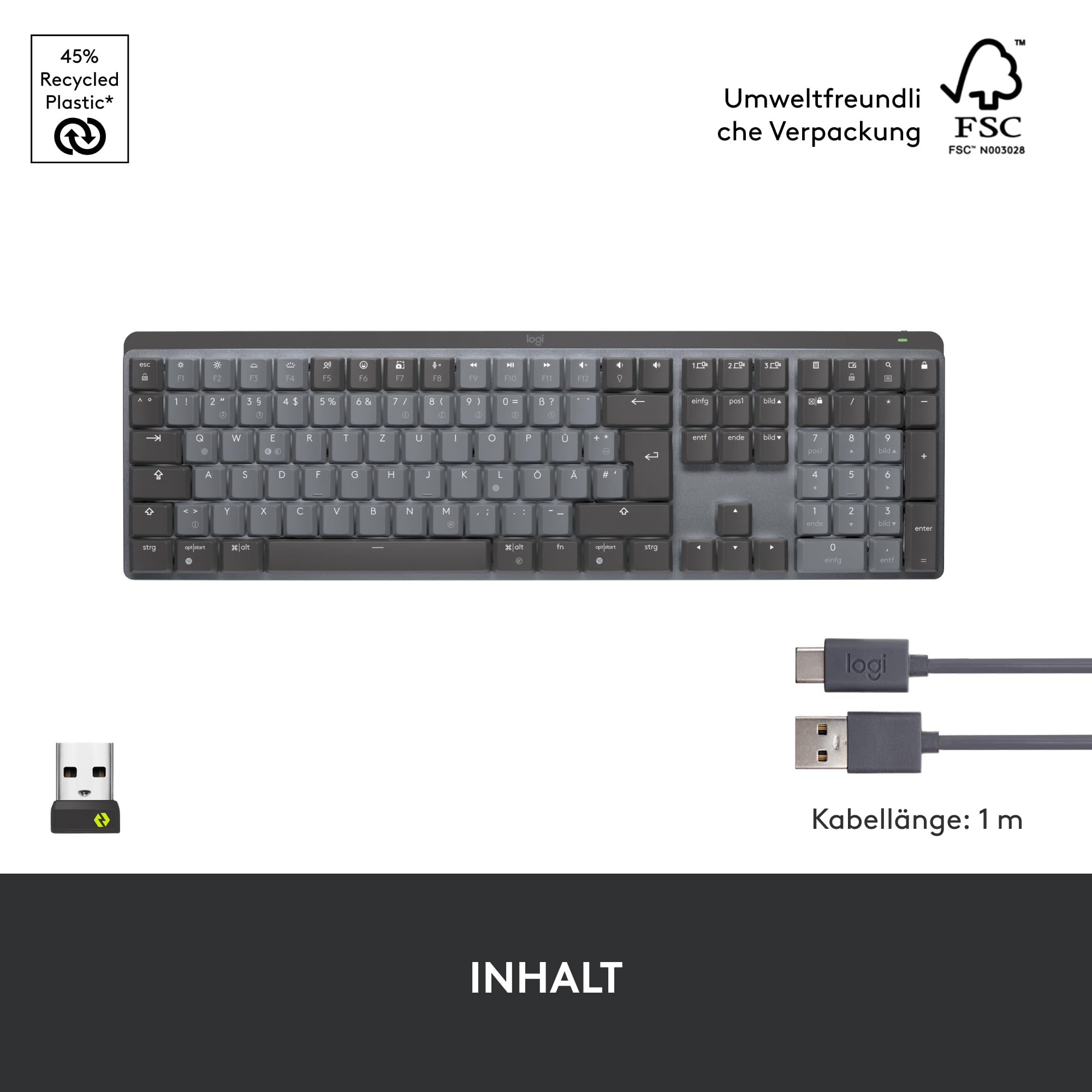 Logitech MX Mechanische kabellose beleuchtete Performance-Tastatur, Taktile leise Tasten, Hintergrundbeleuchtung, Bluetooth, USB-C, macOS, Windows, Linux, iOS, Android, Metall, Deutsches QWERTZ - Grau