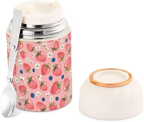 MCHIVER Strawberry Pink Food Jar with Spoon Stainless Steel Vacuum Insulated Food Container 17 oz Food Thermos for Lunch