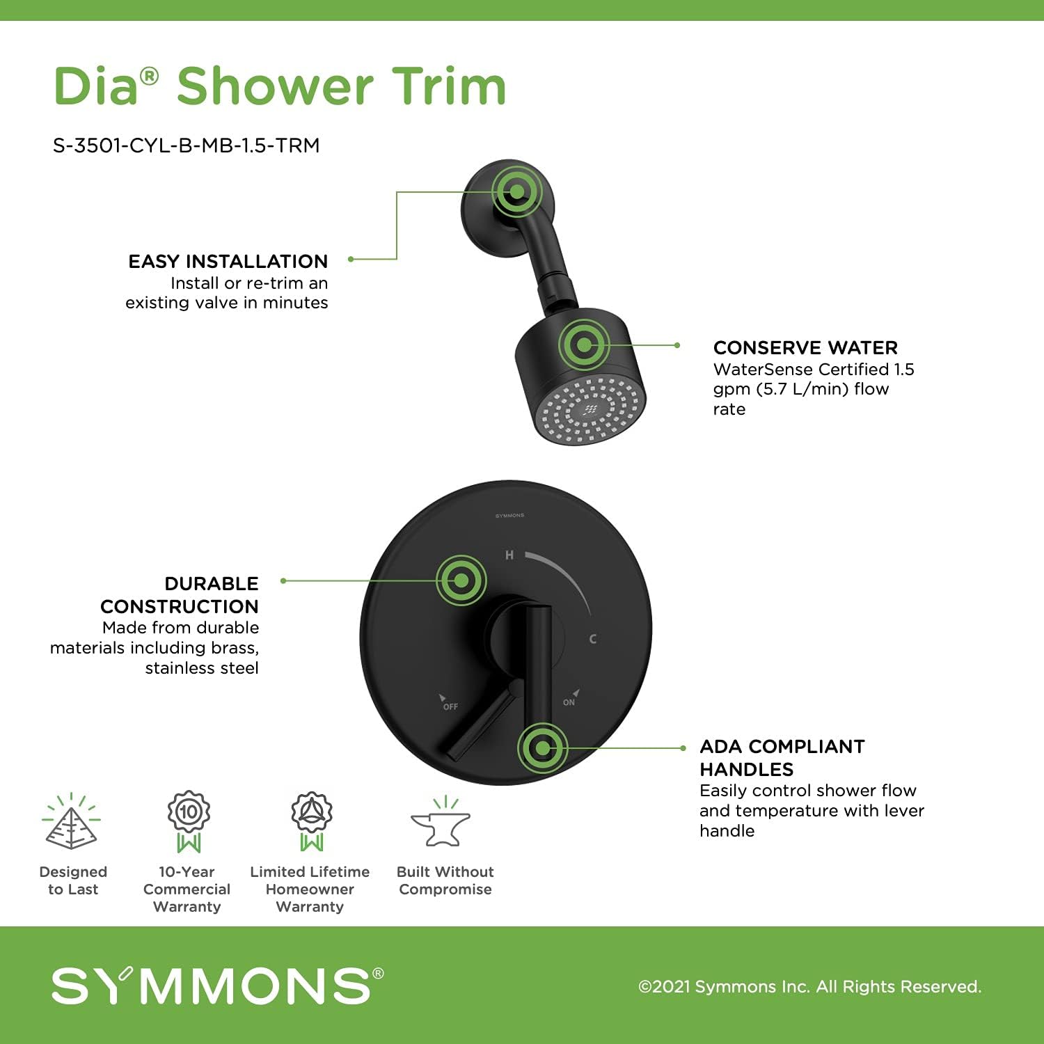 Symmons S-3501-CYL-B-MB-1.5-TRM Dia Single Handle 1-Spray Shower Trim with Secondary Volume Control in Matte Black - 1.5 GPM (Valve Not Included)
