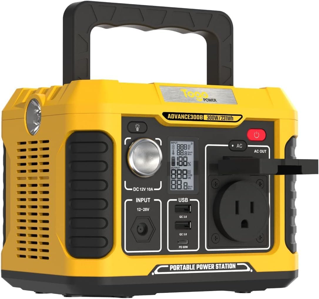 TogoPower Portable Power Station 300W, Outdoor Solar Generator (Solar Panel Not Included) 231Wh Backup Lithium Battery, 120V Pure Sine Wave AC Outlet for Camping Travel Hunting Blackout Home Emergency