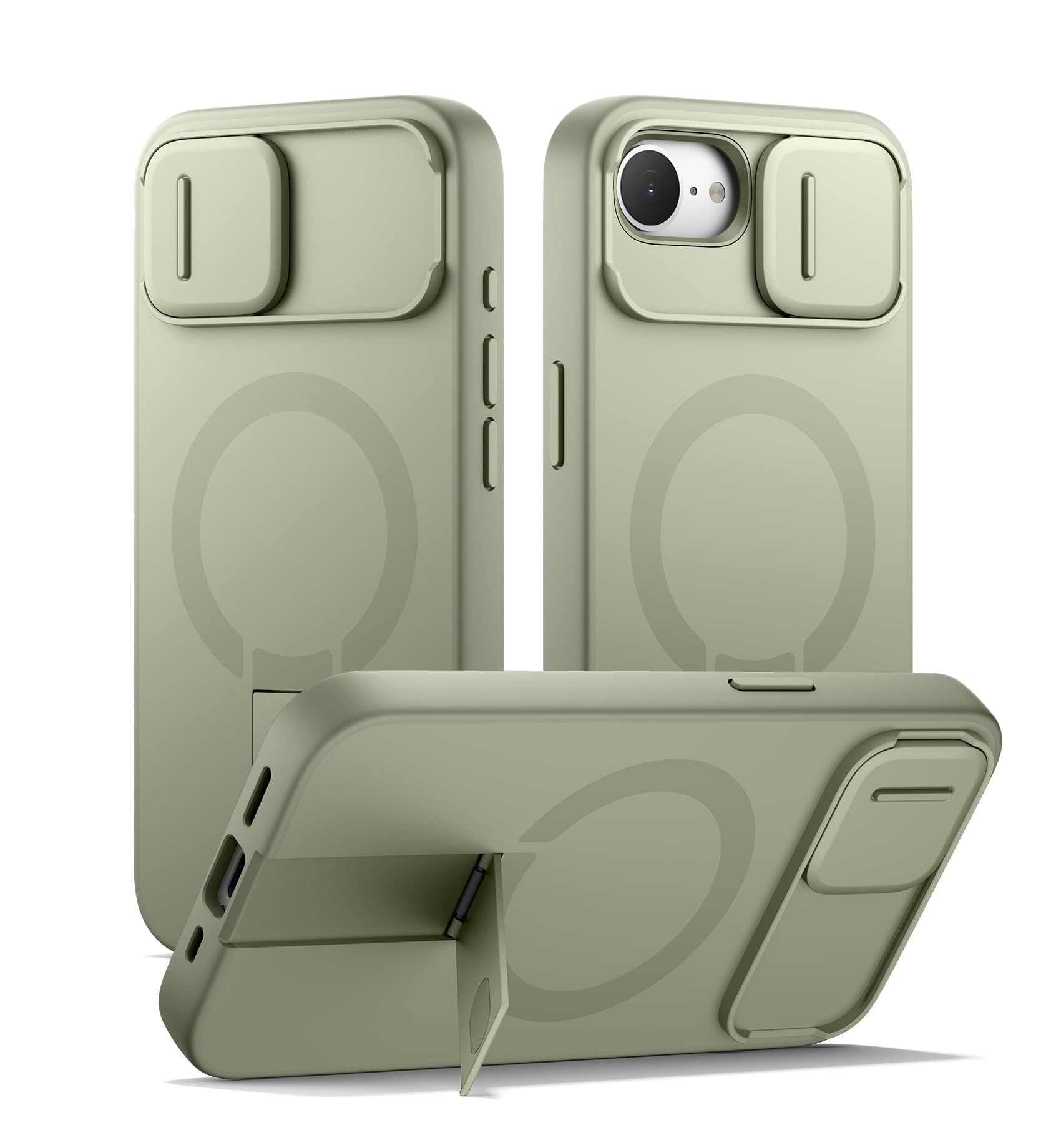 SURITCH Magnetisch hülle Kompatibel mit iPhone 16e/17e, Stoßfest Handyhülle Kratzfest Schutzhülle mit Kameraabdeckung schieben und verstellbarem Kickstand((Khakigrün)