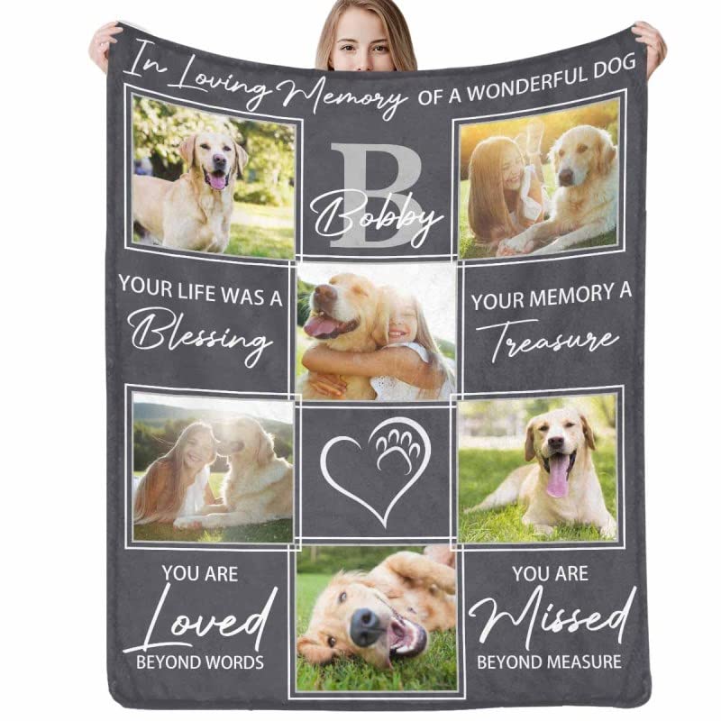 Custom Blanket with Dog Picture Name Personalized Text Blanket Photo Collage Memorial Gift Loss Dog Sympathy Remembrance Gift for Pet Lover Pet