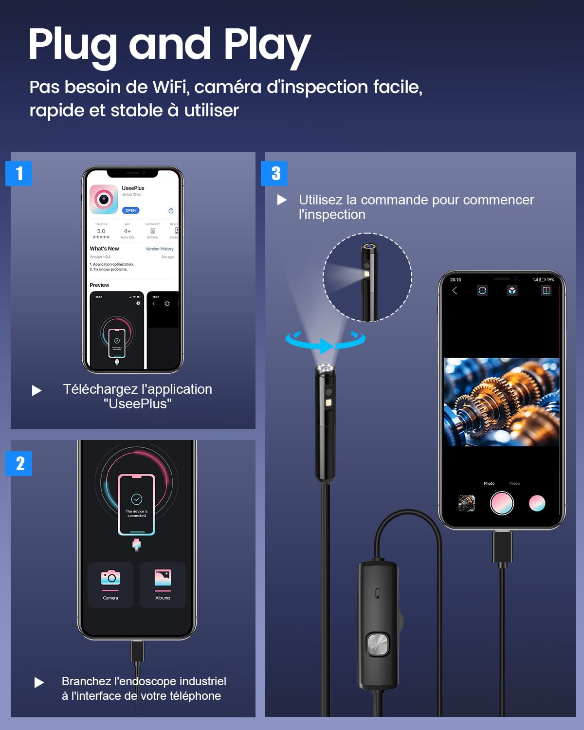 Camera Endoscopique, Camera Canalisation à Double Objectif HD 1920P, Caméras d'Inspection Sonde de 7,9mm Étanche IP67 avec 8 LED, Câble Semi-Rigide de 5M pour Android iPhone Tablettes