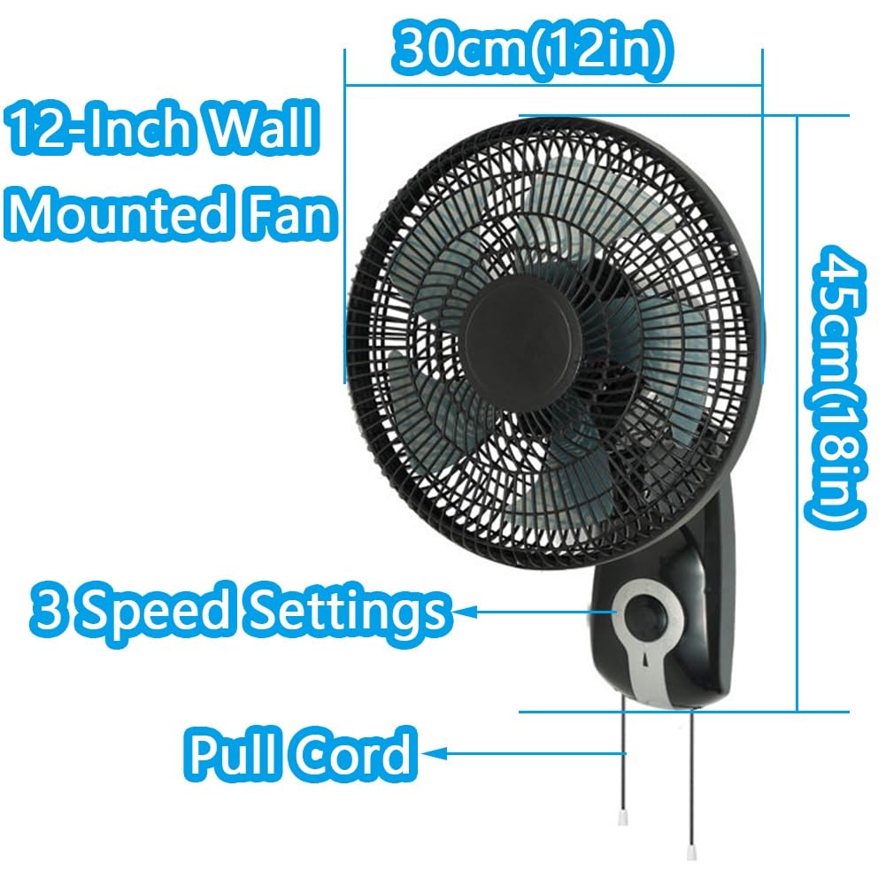 Genérico Ventilador de Pared Industrial Oscilante Interruptor por Cadena | 3 Velocidades, Oscilación de 90°, Cabezal Inclinable, 5 Aspas, Flujo de Aire Potente