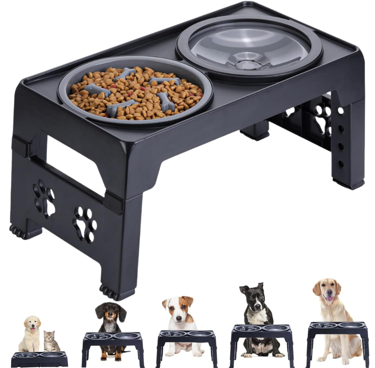 LALOBLUE Elevated Dog Bowls, Raised Dog Bowl with 2 Stainless Steel Dog Food Bowls, Dog Bowls Stand Adjusts to 5 Heights 2.95", 8.46", 9.65", 10.82", 12.01" for Small Medium Large Dogs Cats Pets,Black