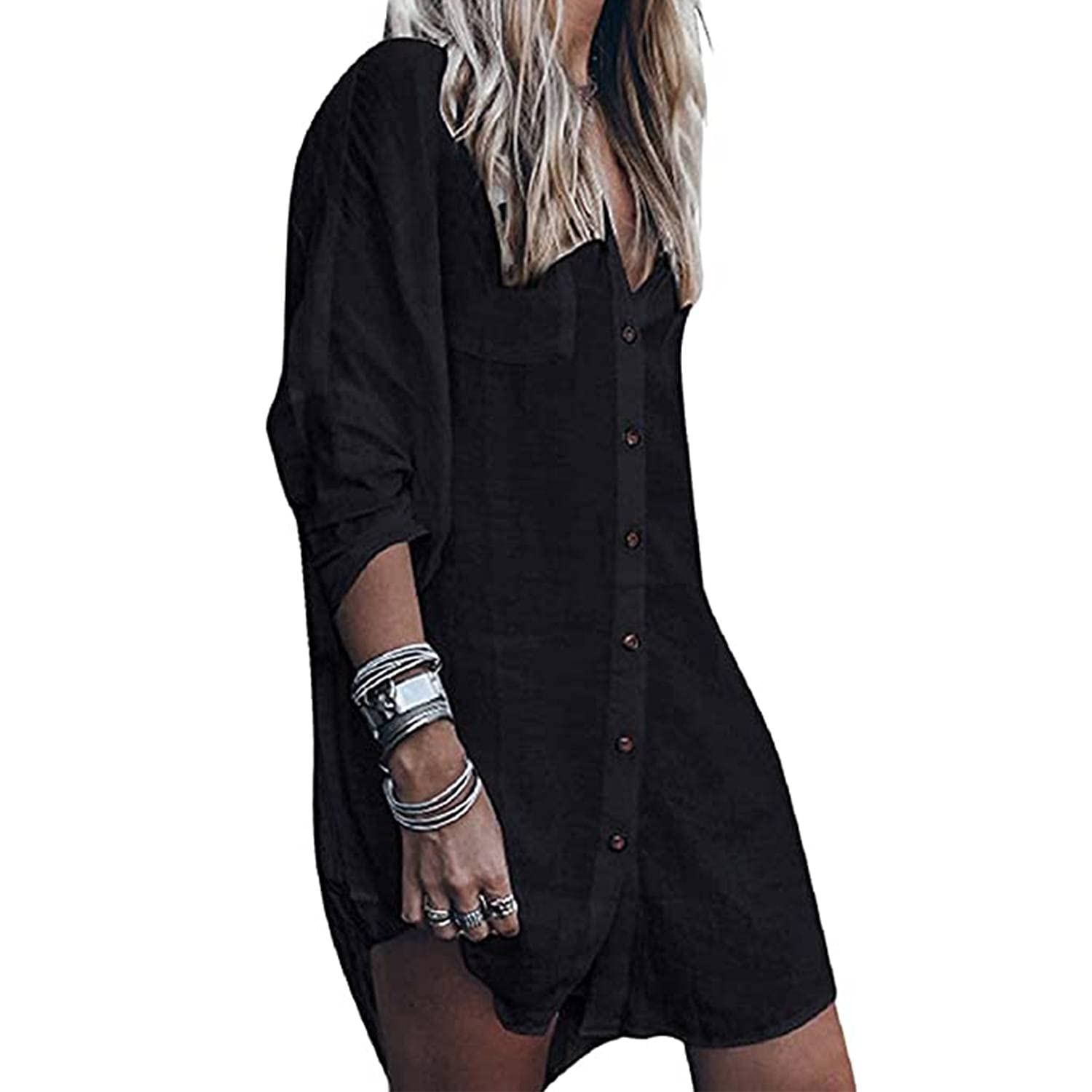 TBSCWYF Camisas Mujer Sexy Casual Gasa Camisa Suelta Cuello V Manga Larga Blusa Tops Tallas Grandes Elegante Verano Camiseta Camisa Suelto de Bikini Mujer Ropa de Baño Playa Traje de Baño