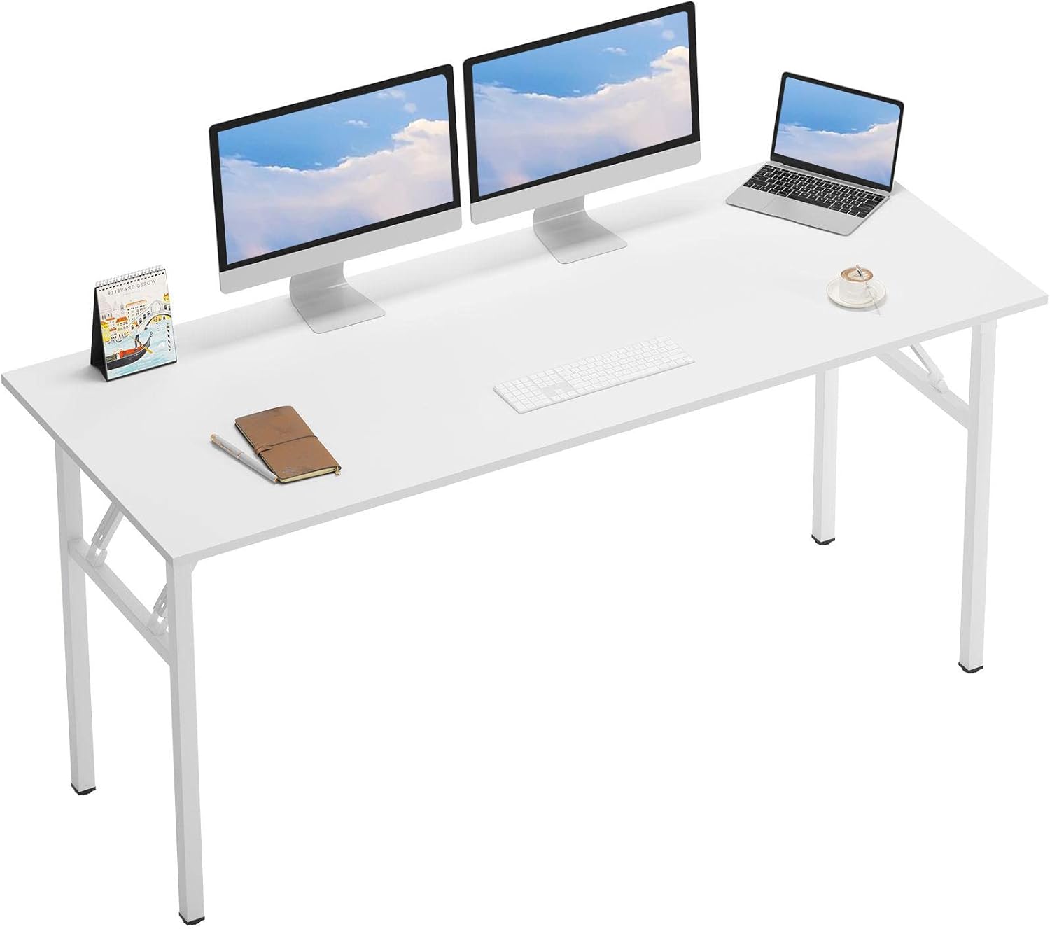 DlandHome 62 Inches Large Home Office Computer Desk, No Install Needed, Composite Wood Board, Folding Dining Table/Workstation, 62 Inches White and White Legs, 1 Pack 62 Inches White + White