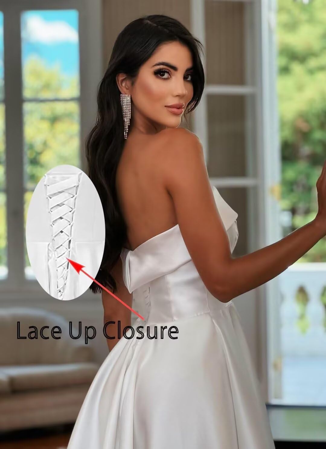 Tea Length Satin Cocktail Party Dresses for Women, Strapless Midi Formal Evening Gowns Backless Wedding Guest Dresses