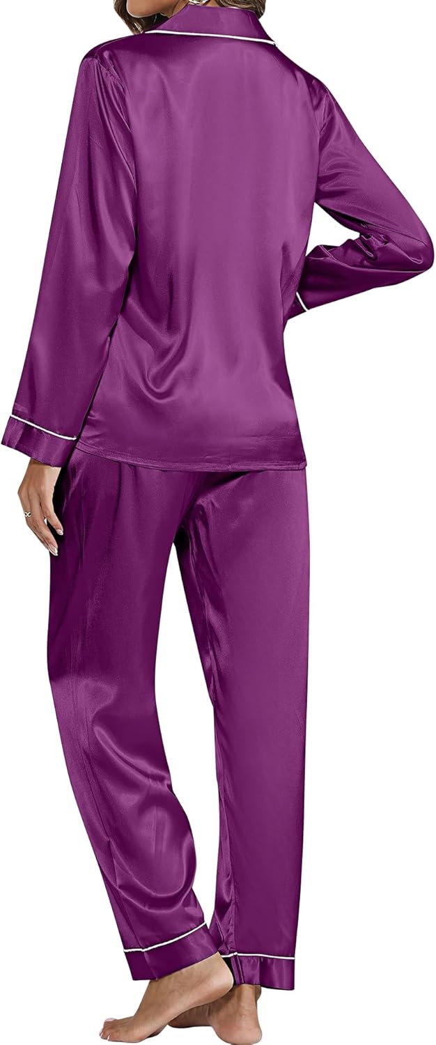 Pyjama Deux Pièces Femme En Satin - Manches Longues, Boutonnée - Taille S à 2XL - Pour Nuit, Maison, Cadeau Mariée - JPHCHSC