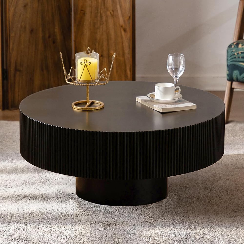 Round Fluted Coffee Table Round Drum Coffee Table for Living Room Modern Circular Pedestal Center Table (Circle Black 30.9in)