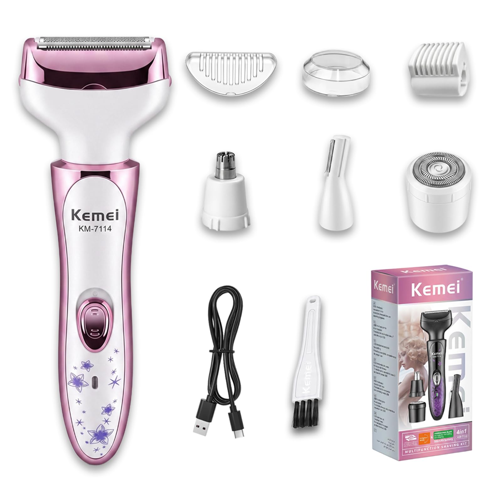 KEMEI Afeitadora Eléctrica Mujer 4 en 1, Depiladora Facial y Recortadora Corporal, USB-C Recargable, Rasuradora Mujer para Bikini, Nariz, Cejas, Axilas y Piernas-Depilación Suave y Precisa, Rosa