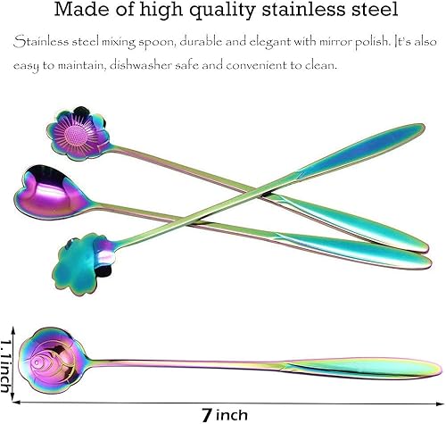 Vista 2 de Rainbow - Cucharas de té reutilizables de acero inoxidable y cucharas para revolver, juego de 4, café, mezcla, azúcar, postre, pastel, cucharas
