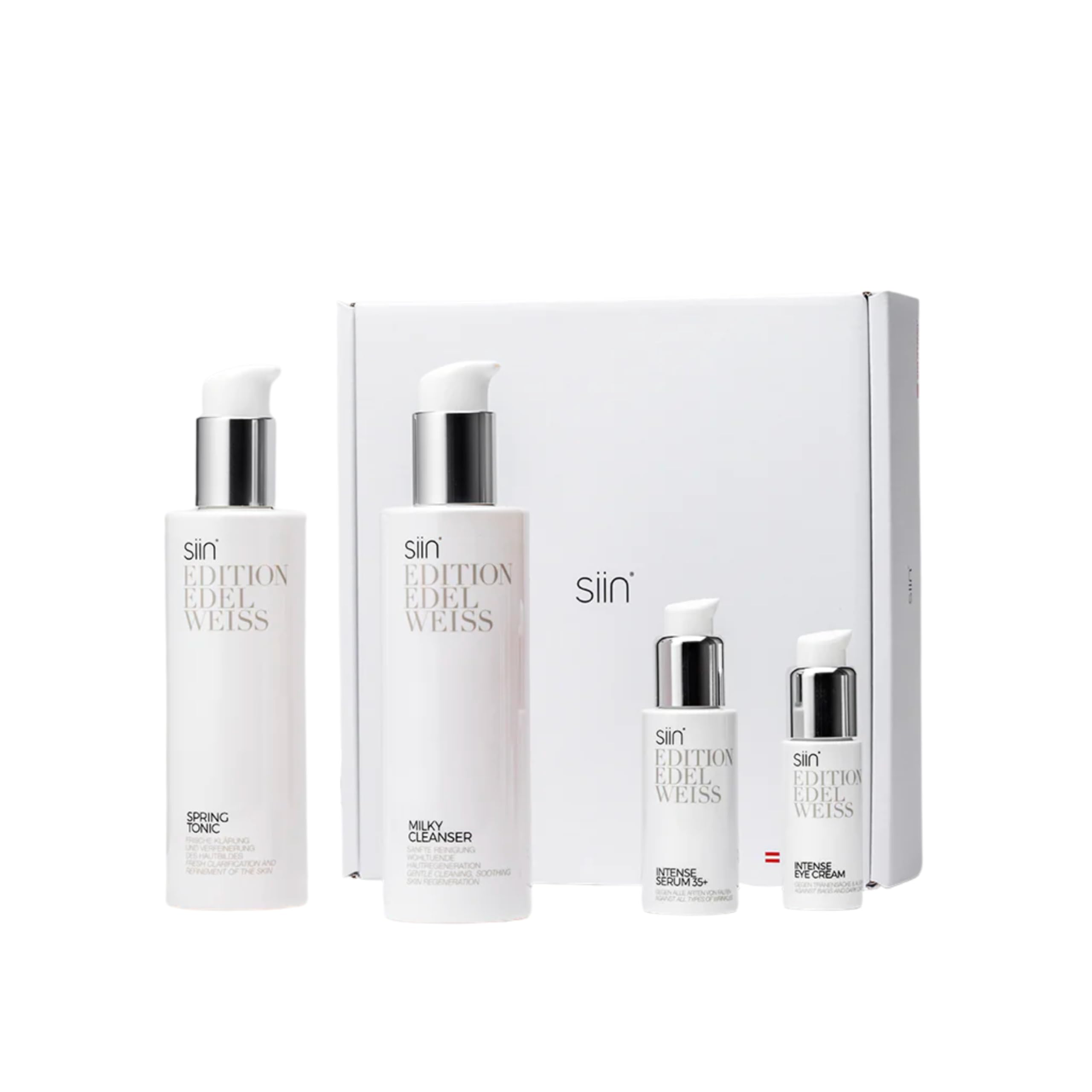 siin ALLIN Box 35+ - intensive Gesichtspflege mit Anti-Aging Effekt - rundum Gesichtspflege gegen Falten - Cleanser, Gesichtswasser, Anti-Aging Serum & Augencreme - gegen Mimikfalten & Alterungfalten
