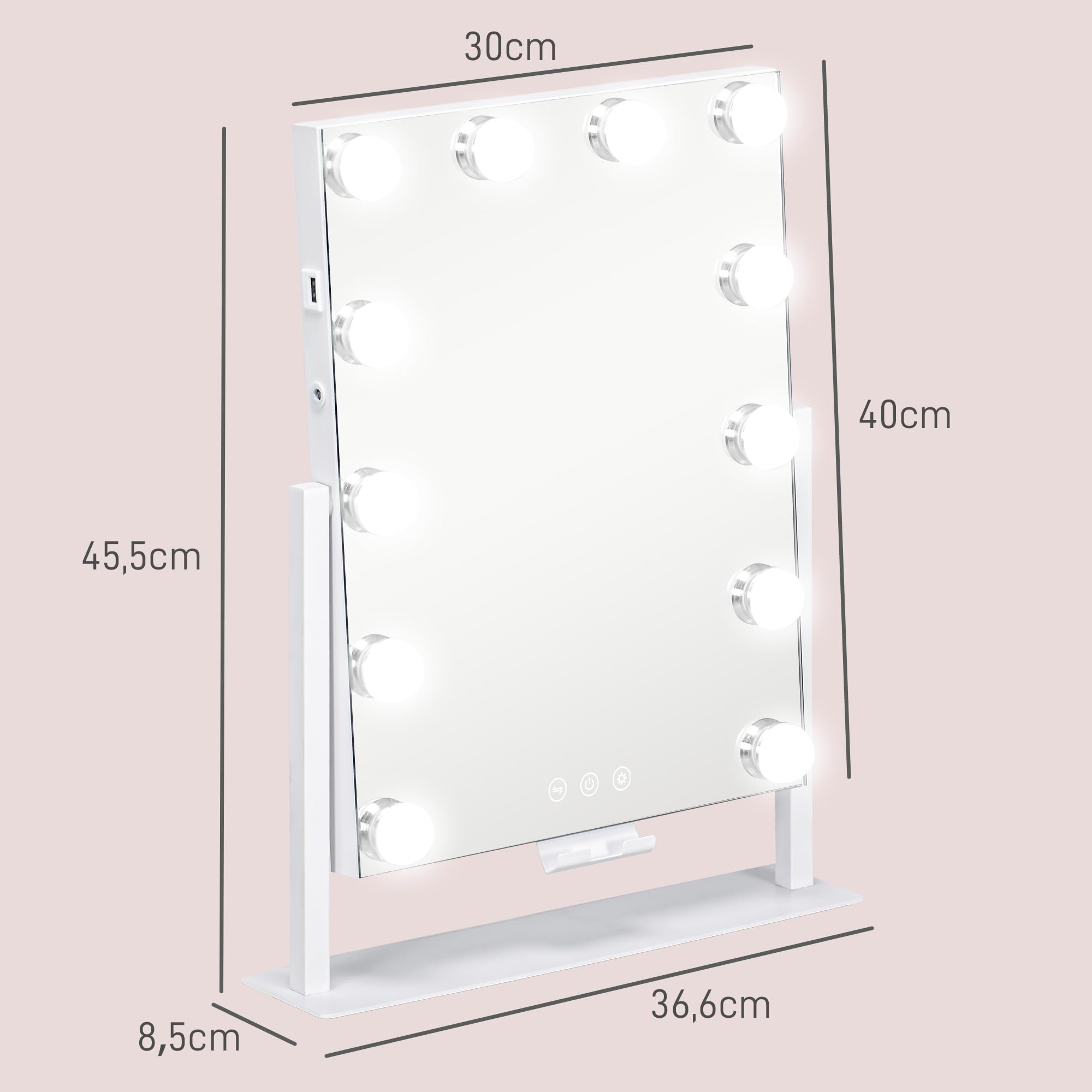 HOMCOM Miroir Hollywood Lumineux 36,5 x 45,5 cm Miroir Coiffeuse Blanc | LED 12 Ampoules, 3 Modes Luminosité Réglable, Rotation à 360°, Grossissement 10X, Port de Charge USB, Touche Tactile