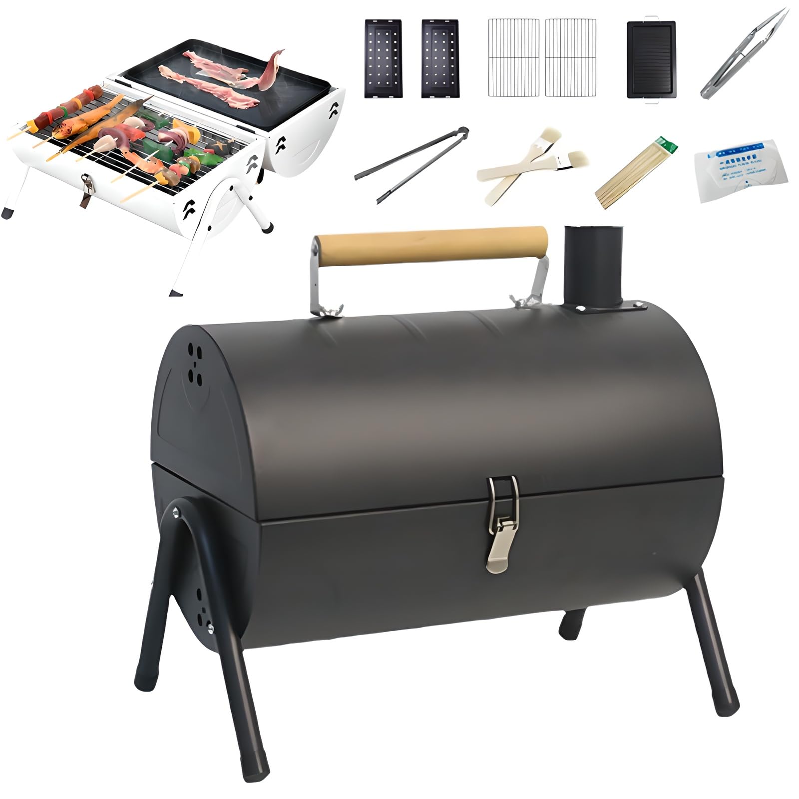 Eiwitany Barrel BBQ Smoker Grill with Dual Cooking Zones, Outdoor Barbecue for Garden, Patio, Camping and Backyard Gatherings (Black)
