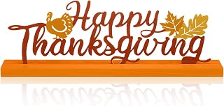 Realspring Fall Decorations for Home Happy Thanksgiving Metal Sign Thanksgiving Table Decor Fall Tiered Tray Decor with Wood Base Rustic Metal Word Sign for Home Tabletop Centerpiece Mantel Shelf Desk