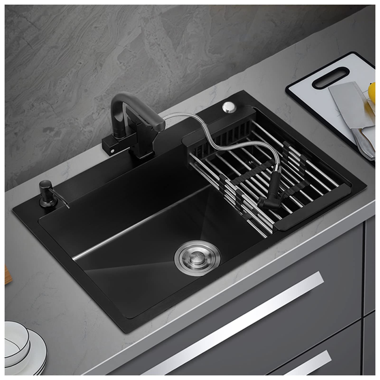Évier de cuisine cuve simple en acier inoxydable résistant aux rayures avec robinet