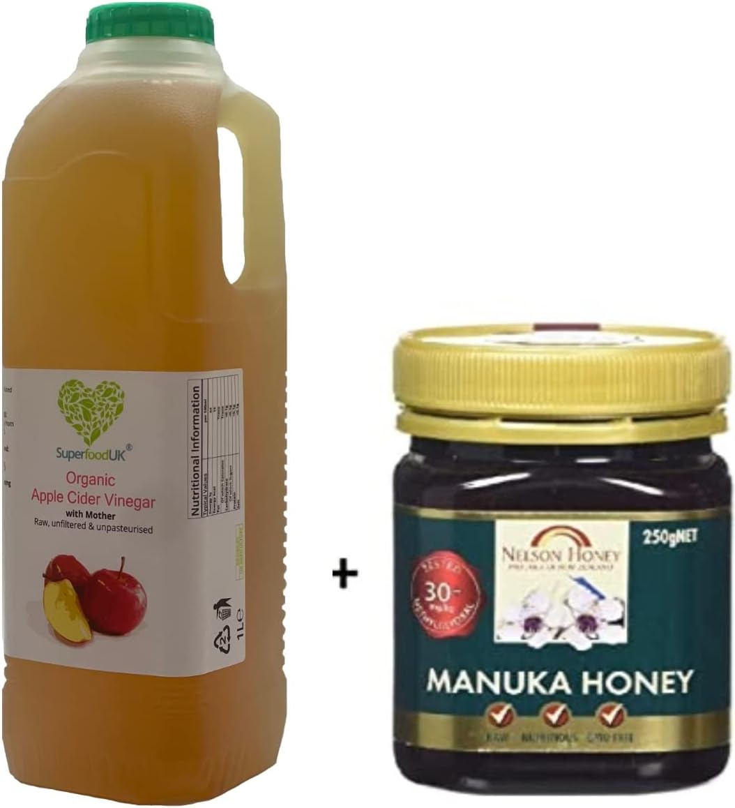 Raw Organic Apple Cider Vinegar with Mother 1000ml & Active Manuka Honey 30+ 250g - Natural Flavour, Value for Money, Unfiltered, Unpasteurized, ACV, Vegetarian Friendly - SuperfoodUK& Nelson Honey