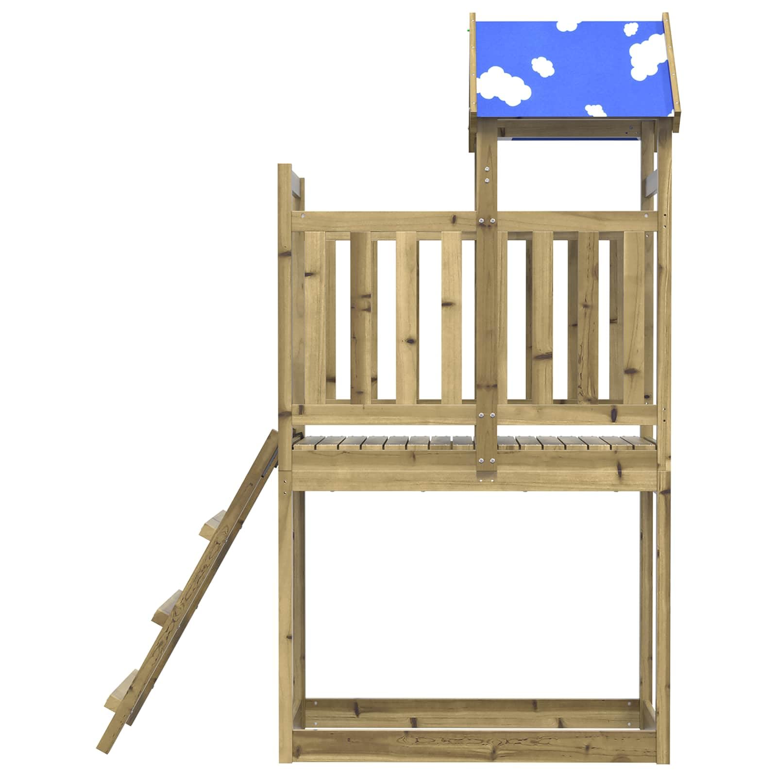 Wieża do zabawy z litego impregnowanego drewna, brązowa, z zestawem akcesoriów, 52,5 x 110,5 x 215 cm, do ogrodu i na zewnątrz, stabilna zabawka ogrodowa ze zjeżdżalnią i możliwościami