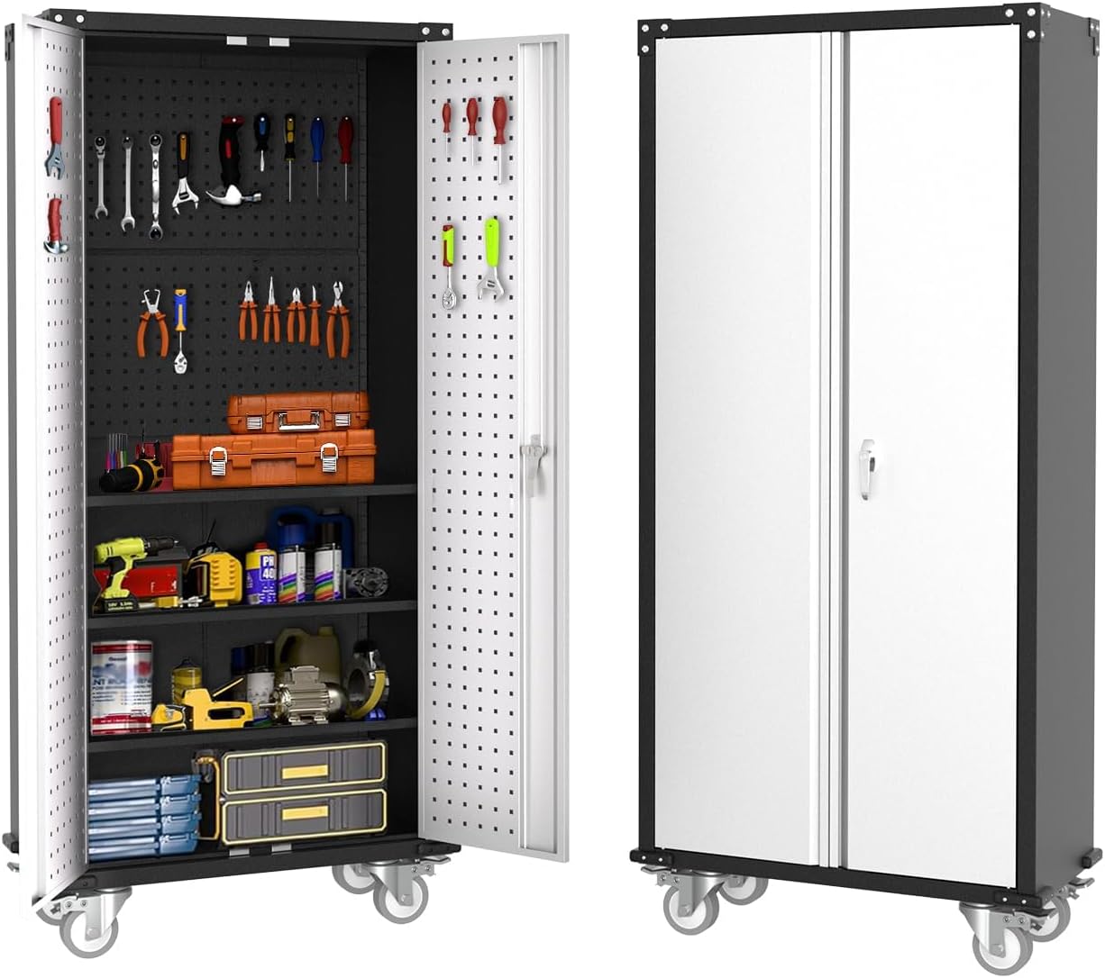 IDEALHOUSE Rolling Tool Cabinet with Lock, 72" Heavy Duty Steel Garage Storage, 4 Adjustable Shelves, Pegboard, Mobile Organizer for Tools, Workshop, Home, Industrial Steel Storage Cabinet On Wheels