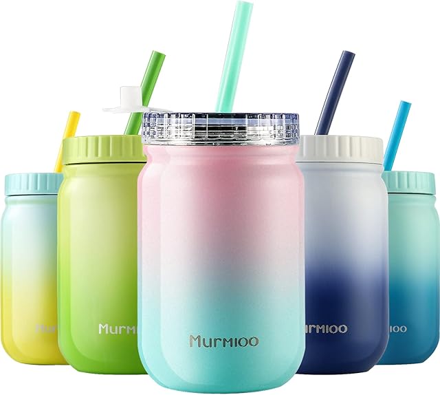 Murmioo Stainless Steel Cup with Straw,Smoothie Bottle,Iced Coffee Cup,Travel Mug and Screw Sealed lid-for,Double Wall Vacuum Food Jar, Insulated Mug, 14oz