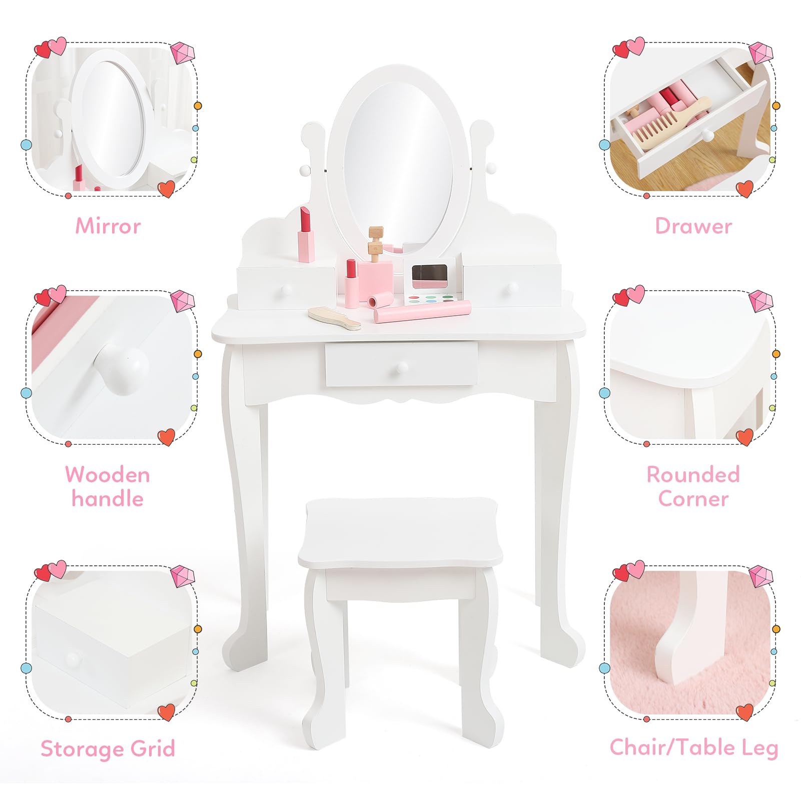 Coiffeuse avec Miroir et Tabouret Enfant, Table de Maquillage Princesse pour Filles de 4 à 9 Ans, Coiffeuse Bureau 2 en 1, Cadeau pour Petites Filles, Blanc