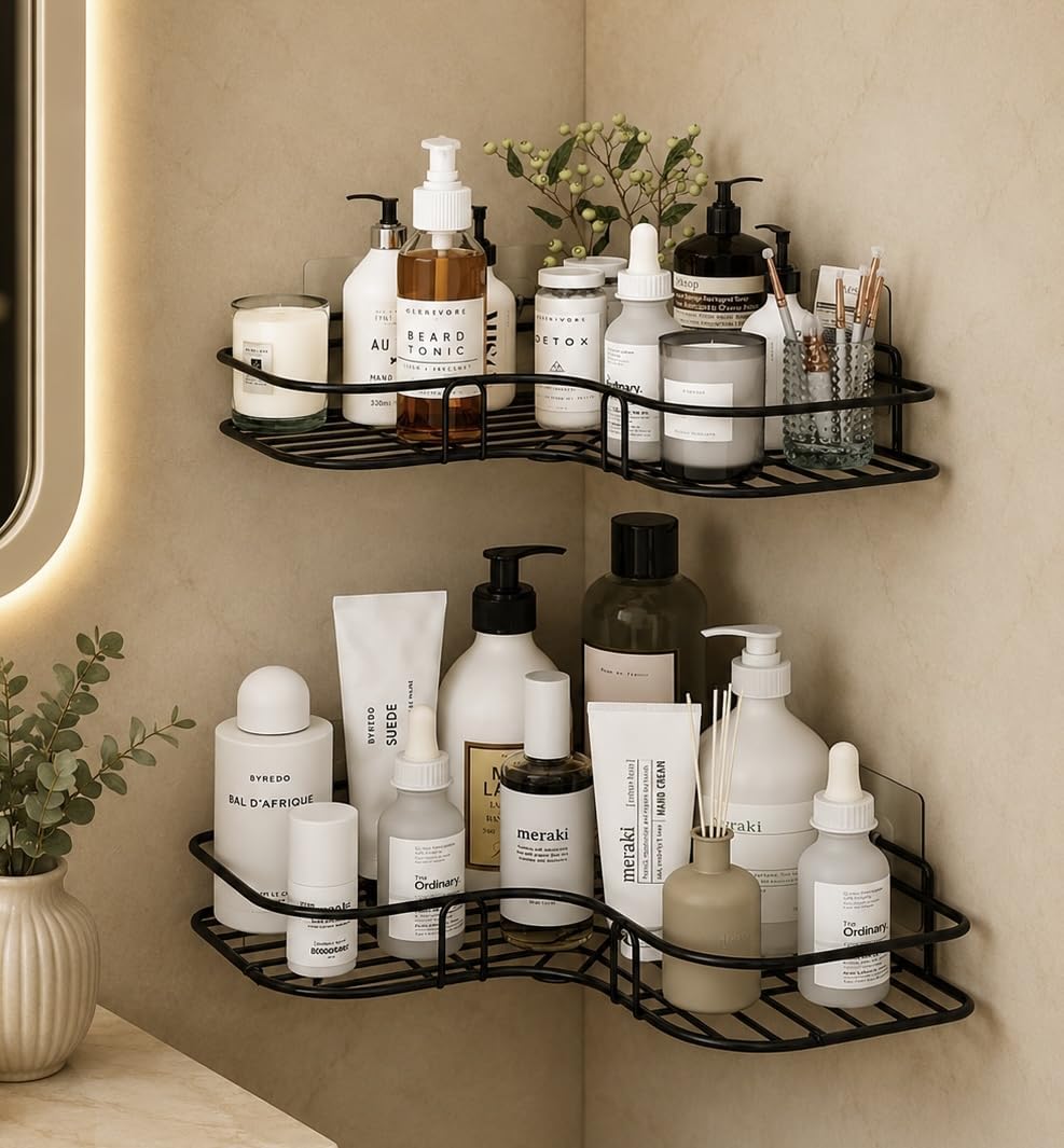 iSTAR Wall Mounted L-Shape Adhesive Corner Shelf with Magic Stickers,Multipurpose Bathroom Storage Organizer for Shower, Kitchen, Washroom, Home, Office and Hotel Use (Black-Pack of 2)(8 and 9 INCH)-image-0
