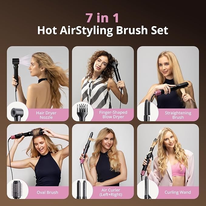 7-in-1 Hot Air Styler and Hair Dryer Brush with Auto-Wrap Curlers