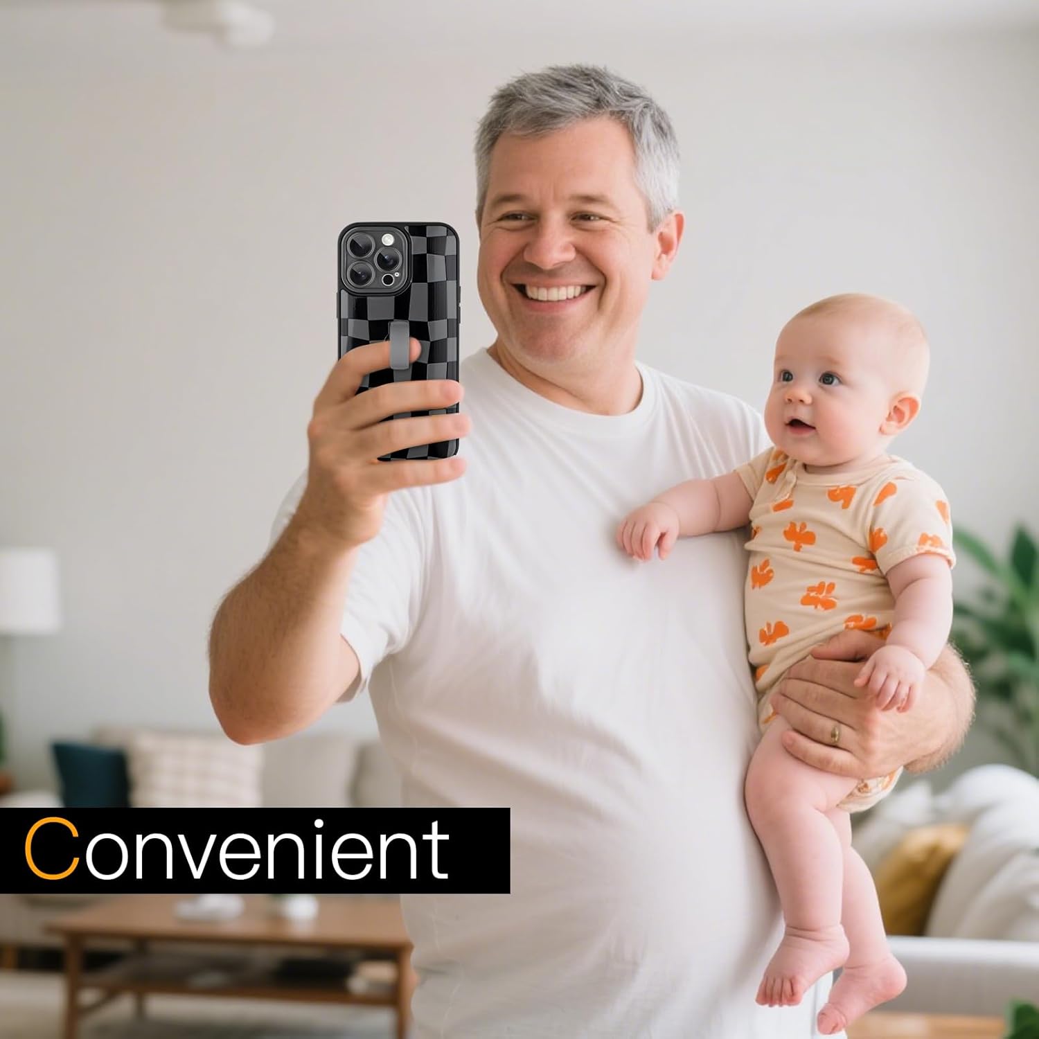 SOKAD for iPhone 14 Pro Case with Finger Strap Kickstand, Cute Checkered Checkerboard Phone Case with Finger Hand for Women Men, Slim Full Camera Protection Shockproof Case Cover, Black - Image 7