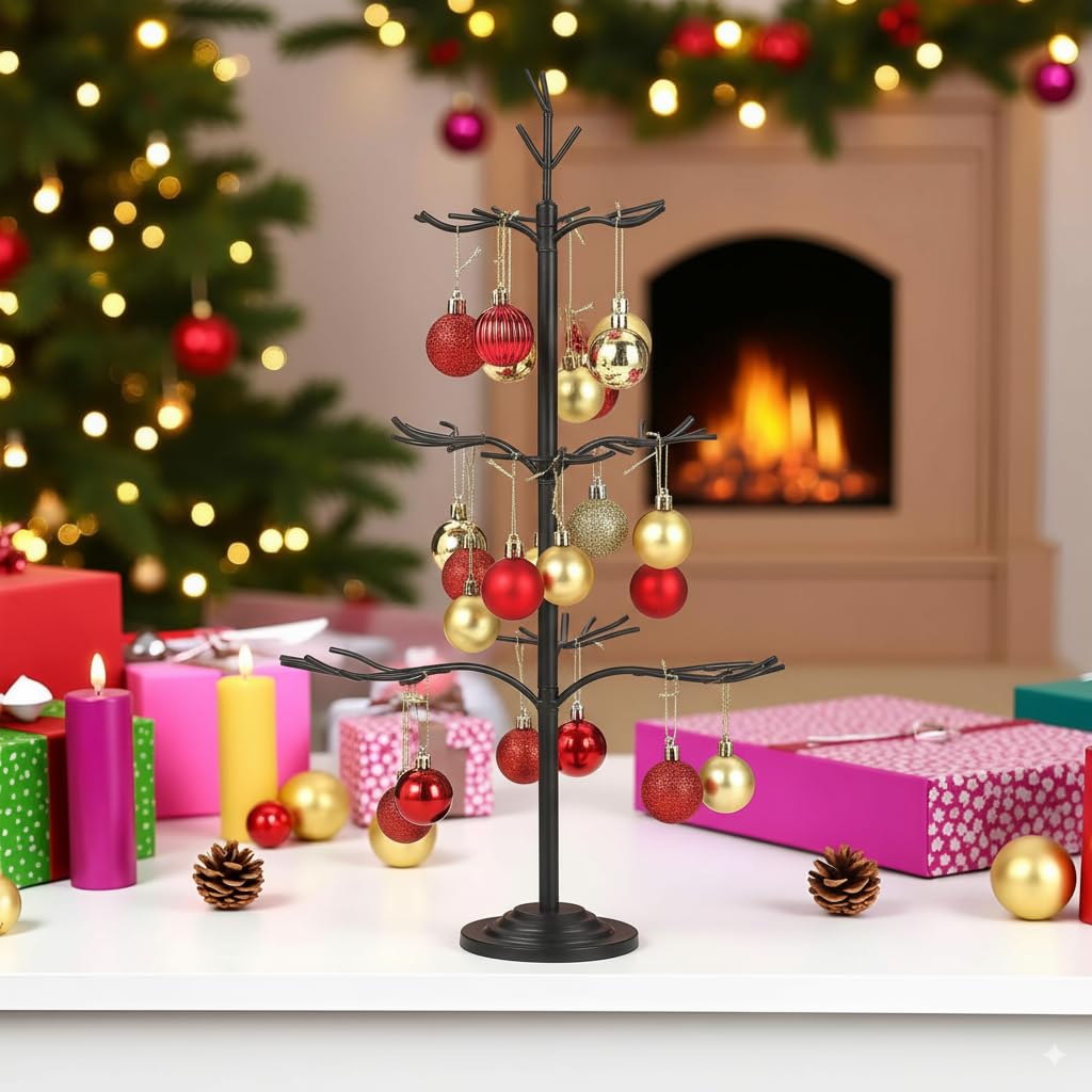 Metall-Ornament-Baum, schwarzer Weihnachtsschmuck-Ständer für Display, 55,9 cm, blanker Baum, Silhouette, Ornamente, Aufhänger, Ständer, 3-stöckige Drahtausstellungen, Bäume für