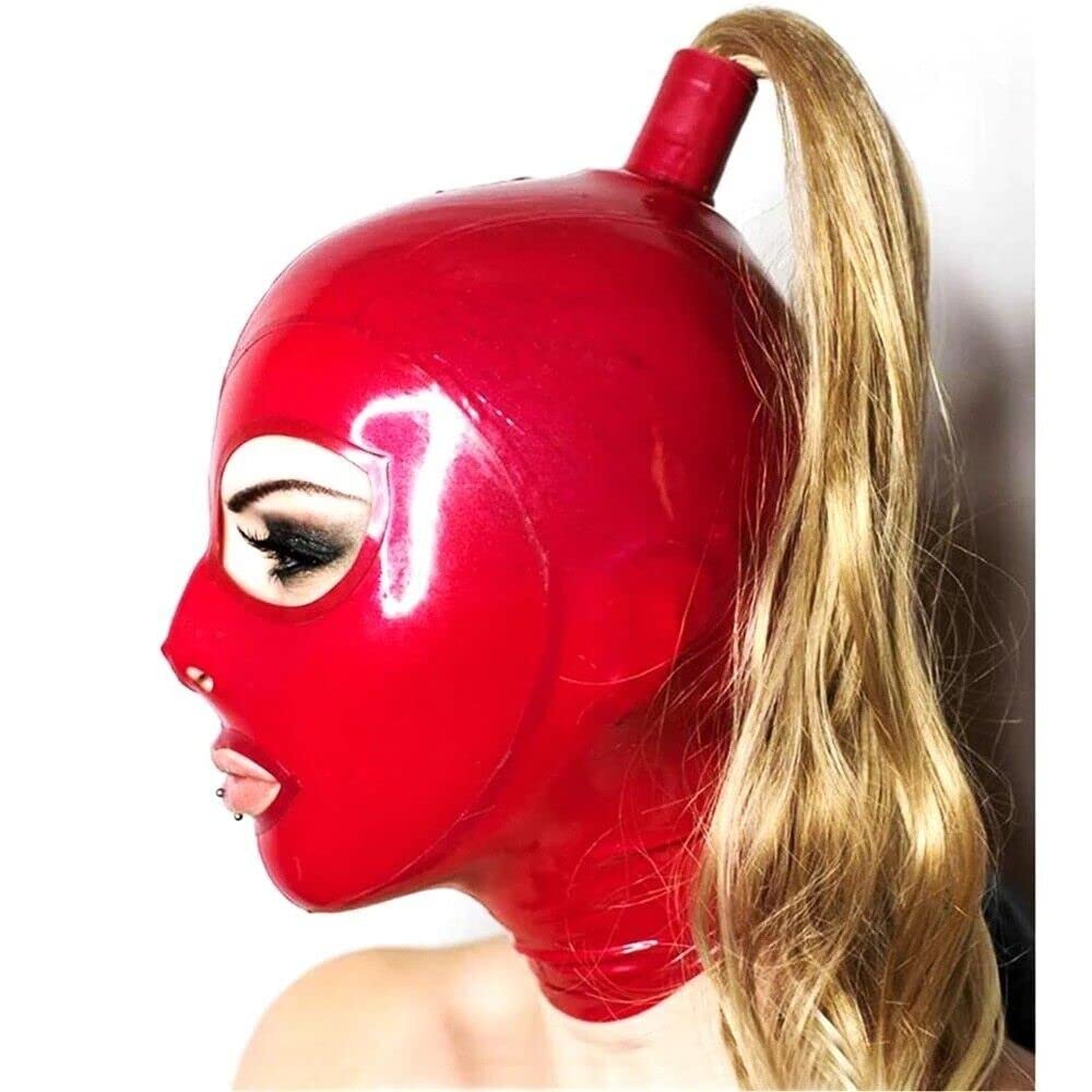 Latex Kapuze mit Zopf und Augenloch, rote Vollgesichtsabdeckung mit Reißverschluss für Meister, Königin, Sex, BDSM, Party, Cosplay, Urlaub