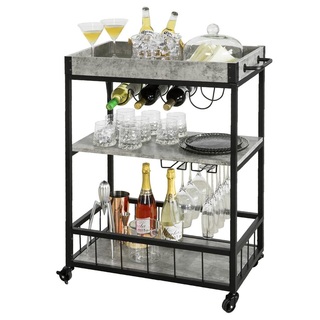 DNATS Design 3 Tiers Kitchen Trolley Serving Trolley with Wine Rack Metal Rolling Utility Cart
